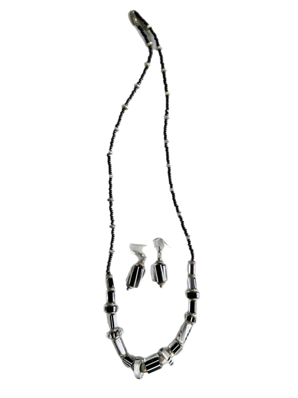 Handcrafted Sterling Silver Black & White Glass Lantern Bead Necklace & Earrings